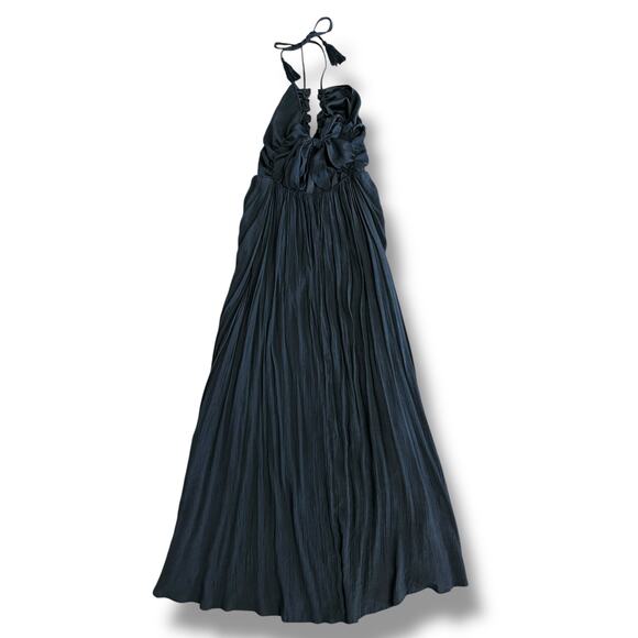 Entro Black Tassel Halter Ruched Maxi Dress L Crinkle Gauze, Lined, Style D16680 - Picture 5 of 10